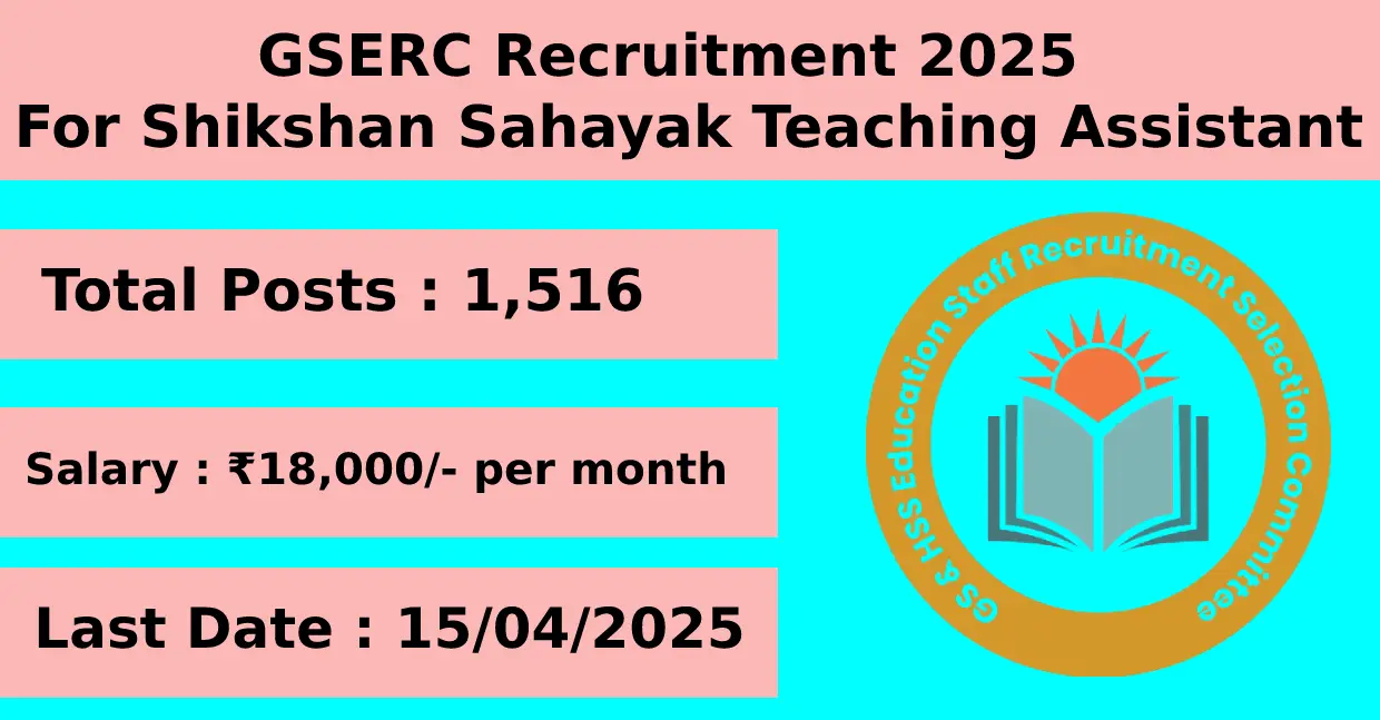 GSERC Recruitment 2025 for Shikshan Sahayak Teaching Assistant with 1,516 Posts apply online