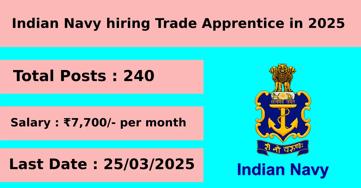 Indian Navy hiring Trade Apprentice in 2025 for 240 Posts Apply Online
