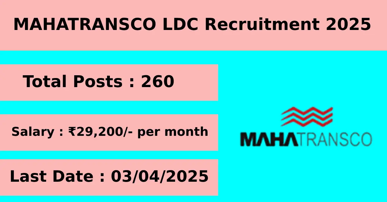 MAHATRANSCO Recruitment 2025 for LDC (Lower Division Clerk) with 260 Posts apply online