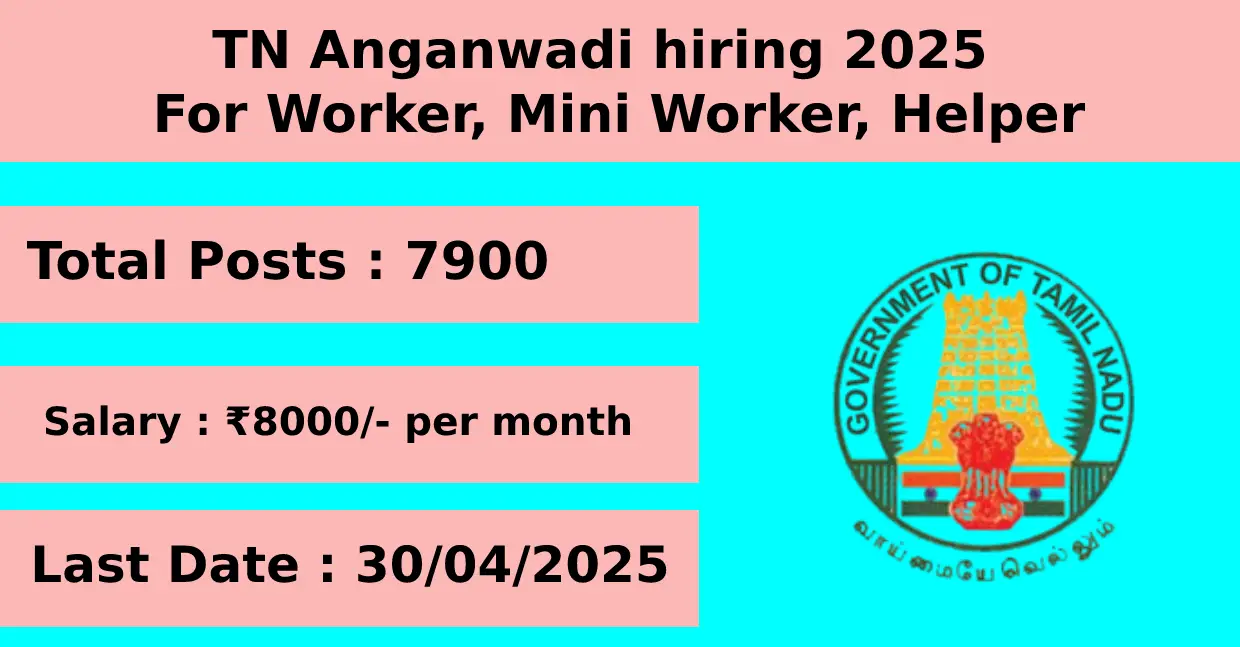 TN Anganwadi hiring Worker, Mini Worker, Helper in 2025 for 7900 Posts Apply Online
