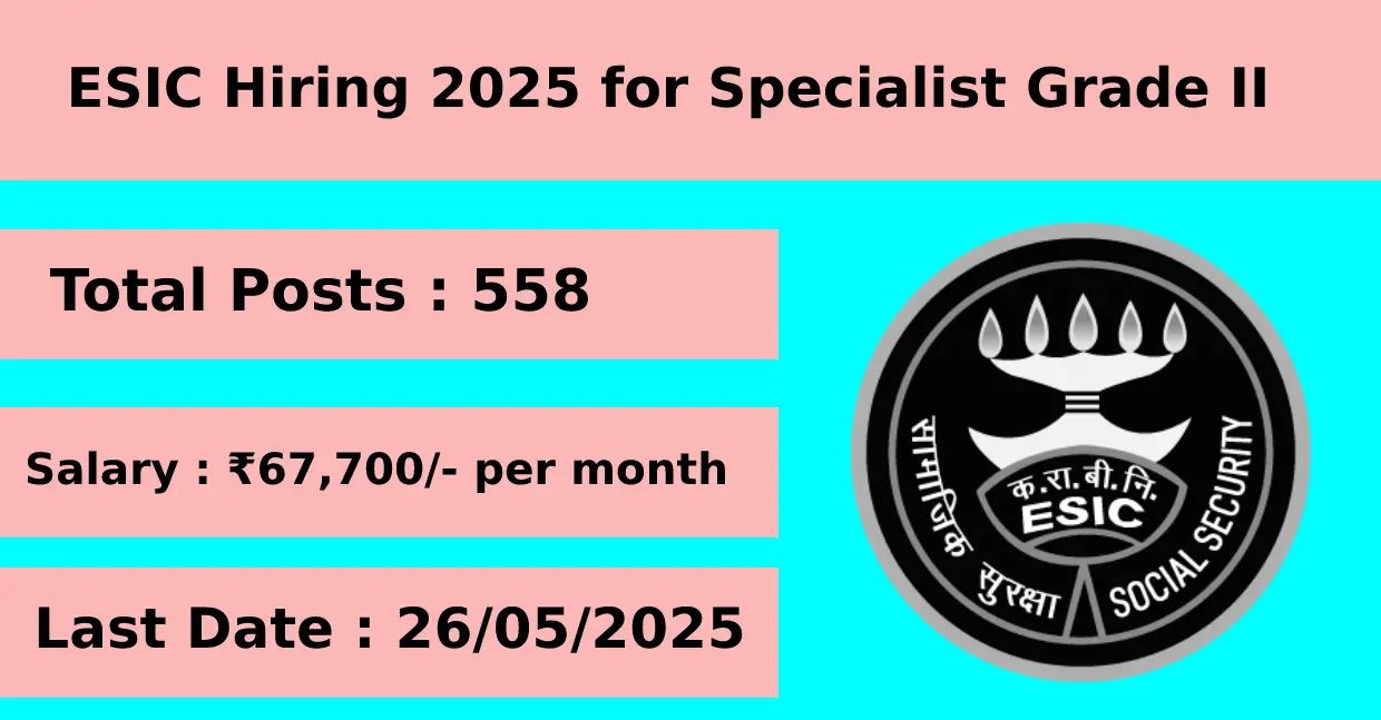 ESIC Hiring 2025 for Specialist Grade II with for 558 Posts Apply Offline