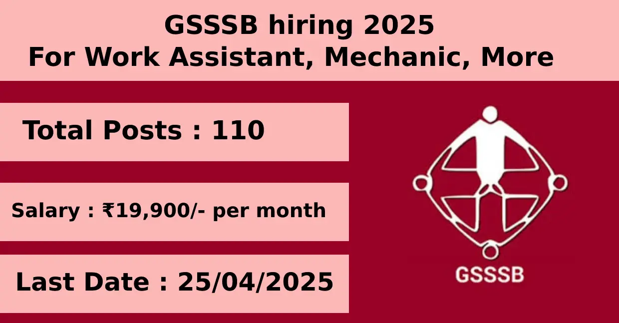 GSSSB hiring 2025 Work Assistant, Mechanic, More with 110 Posts Apply Online