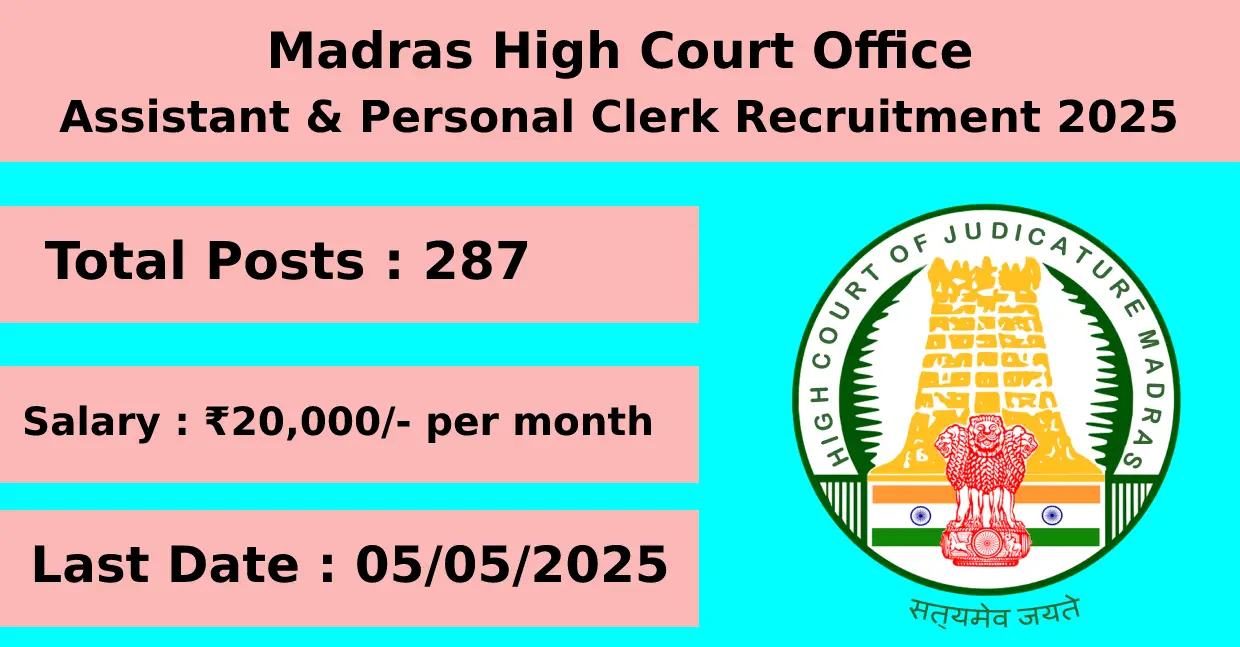 Madras High Court Office Assistant & Personal Clerk Recruitment 2025 for 287 posts Apply Online