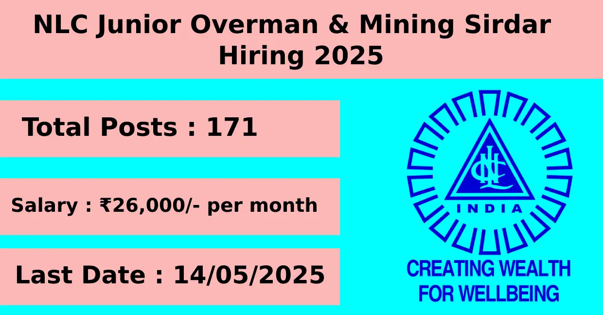 NLC Junior Overman & Mining Sirdar Hiring 2025 for 171 Posts Apply Online