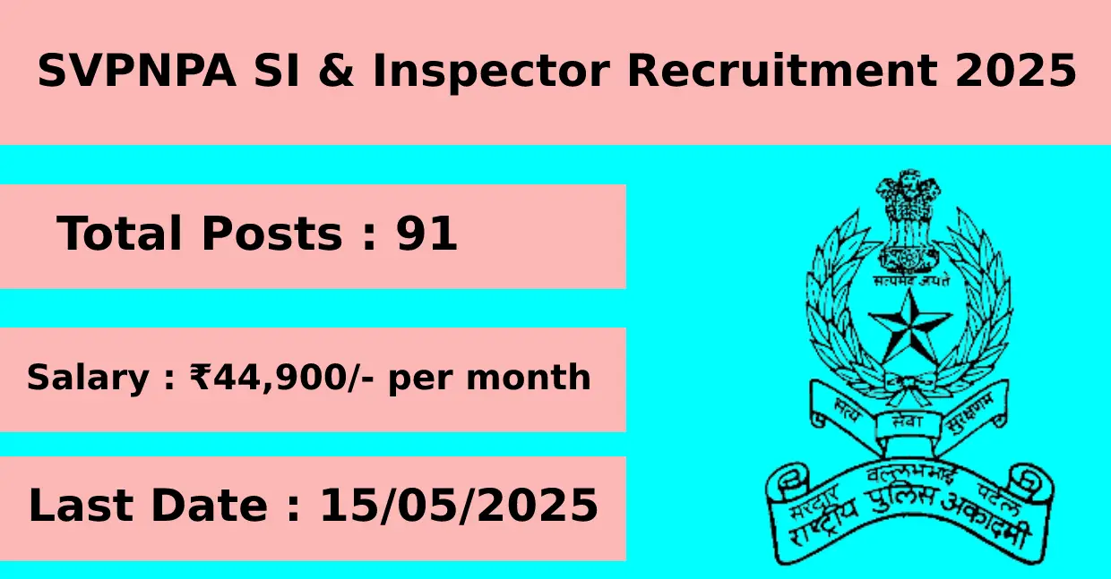 SVPNPA SI & Inspector Recruitment 2025 for 91 Posts Apply Offline