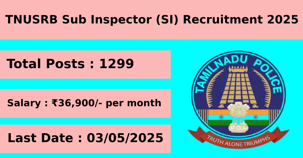 TNUSRB Sub Inspector (SI) Recruitment 2025 for 1299 Posts Apply Online